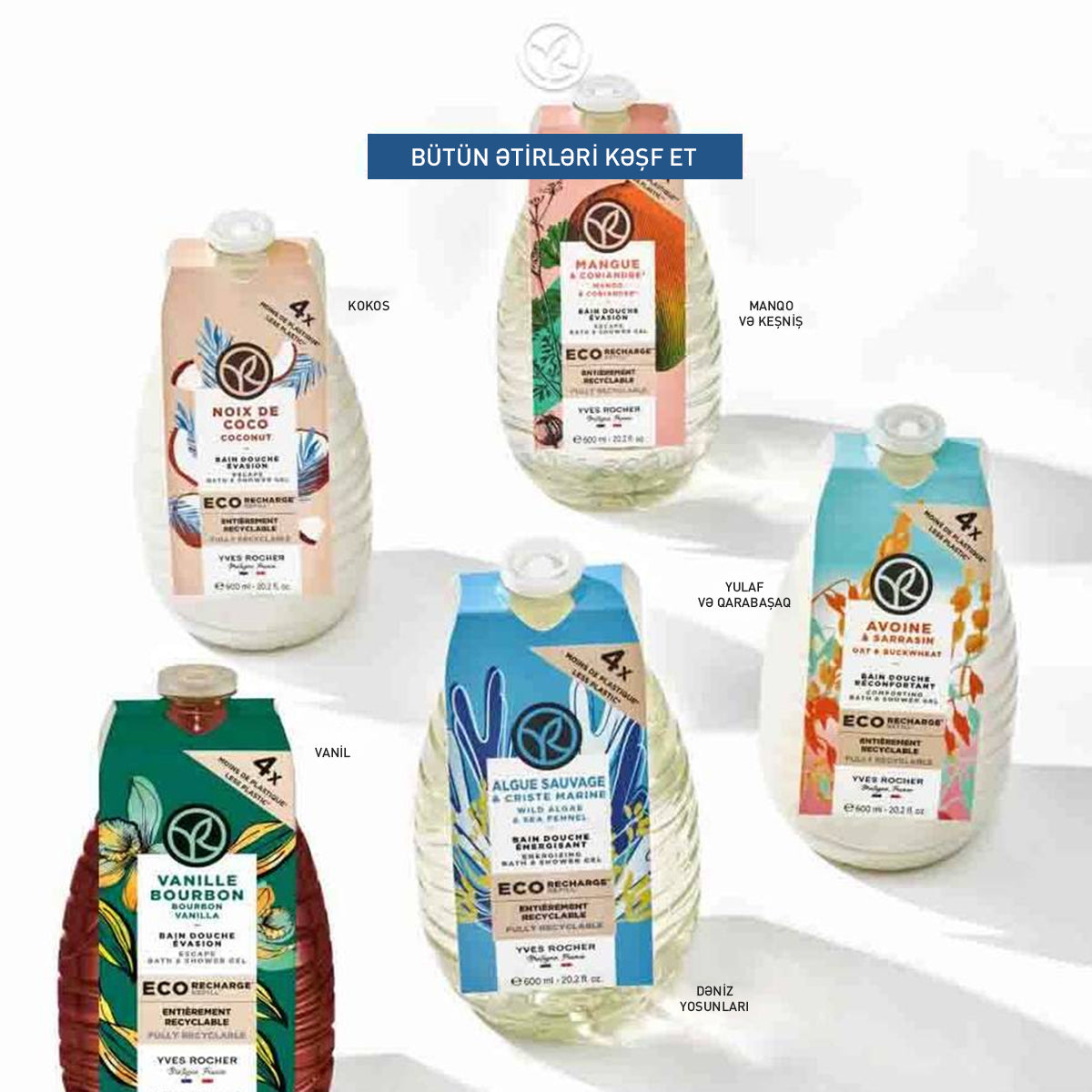 Bədən üçün eko-qablaşdırmada dəniz yosunları əsaslı duş geli, 600 ml