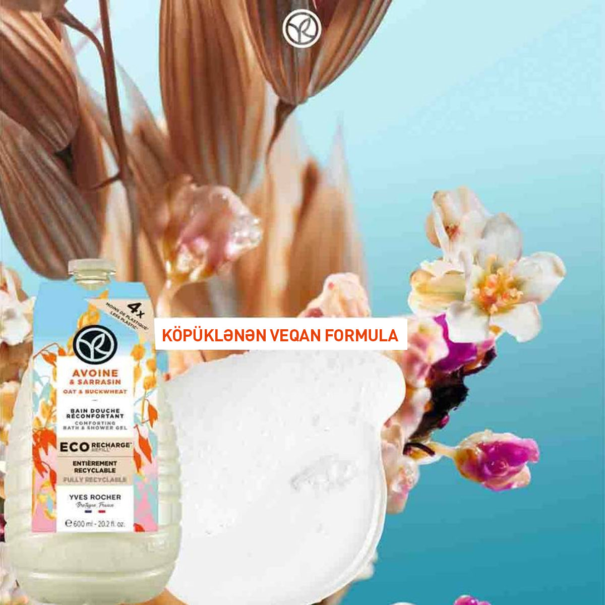 Bədən üçün eko-qablaşdırmada qarabaşaq və yulaf əsaslı duş geli, 600 ml