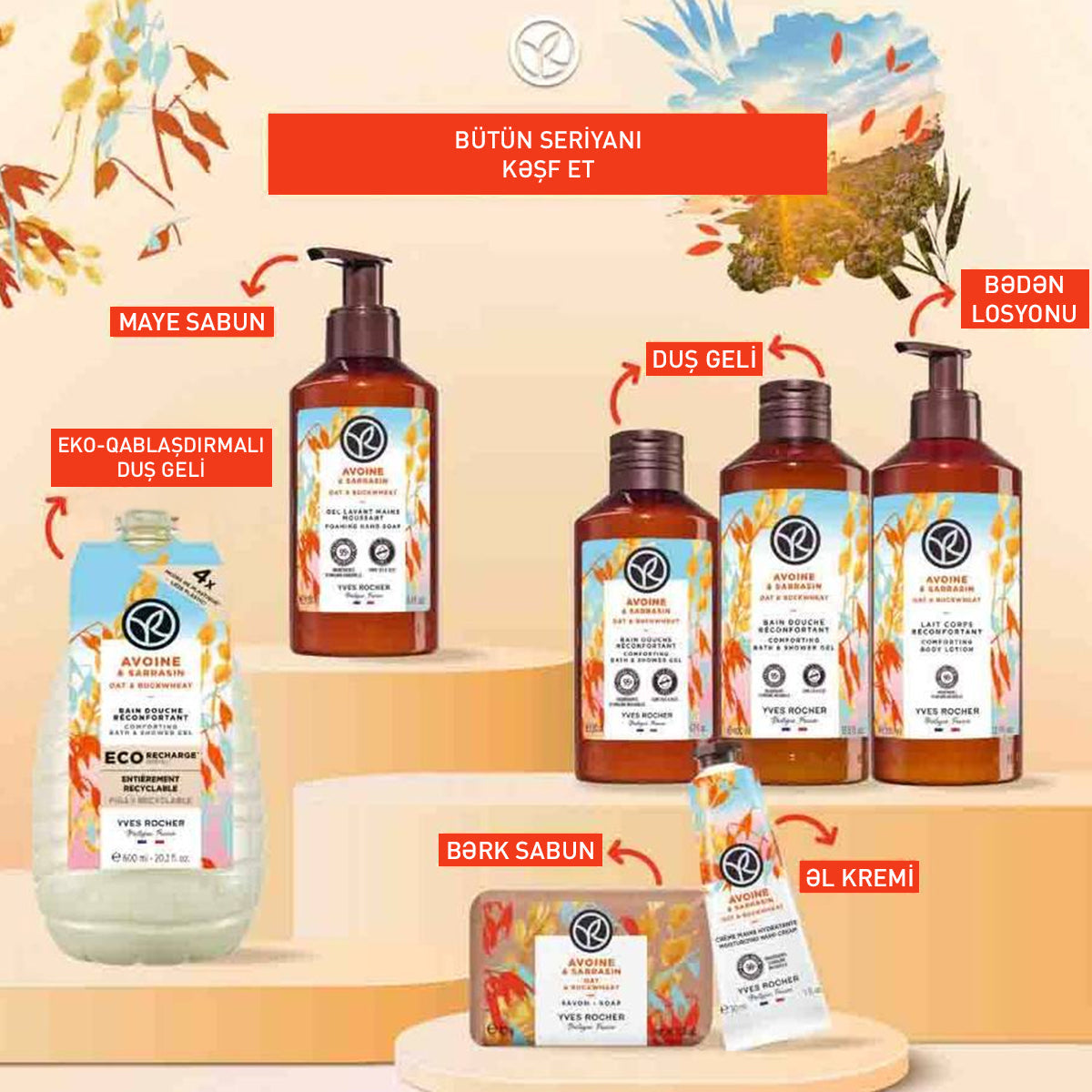 Bədən üçün eko-qablaşdırmada qarabaşaq və yulaf əsaslı duş geli, 600 ml