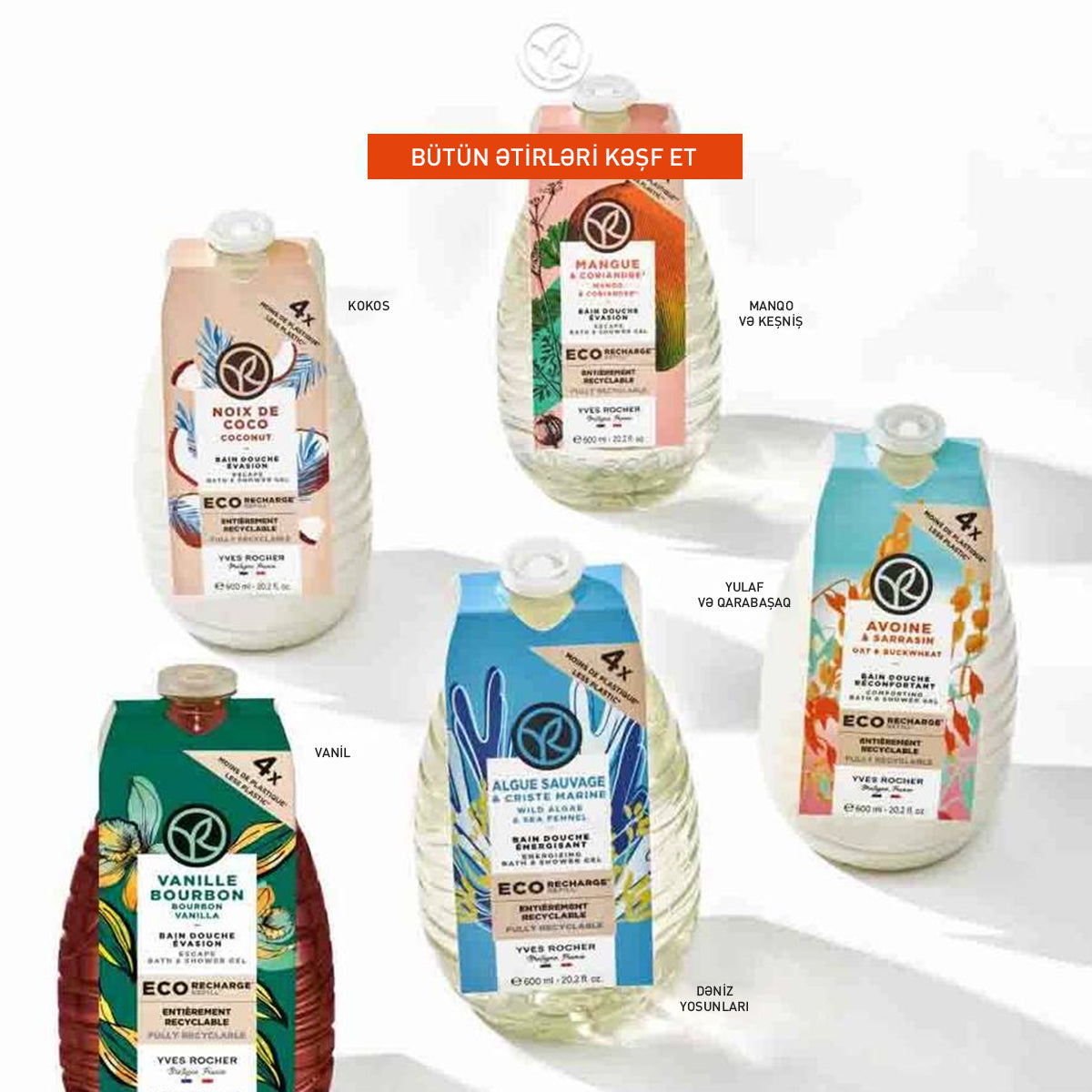 Bədən üçün eko-qablaşdırmada qarabaşaq və yulaf əsaslı duş geli, 600 ml