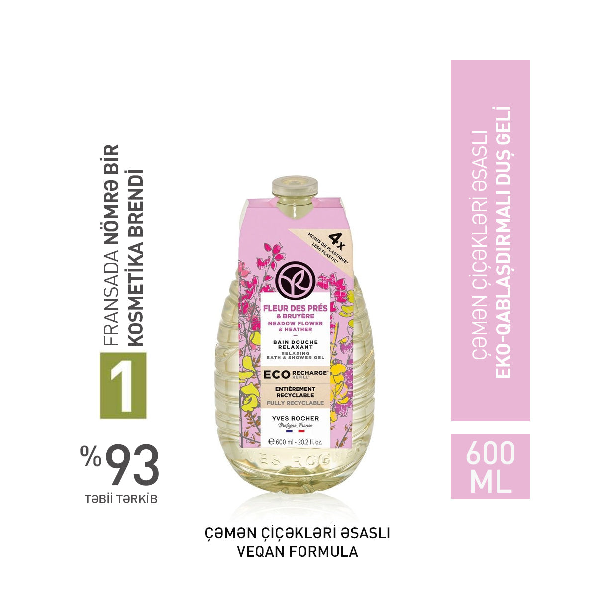 Bədən üçün eko-qablaşdırmada çəmən çiçəkləri əsaslı duş geli, 600 ml