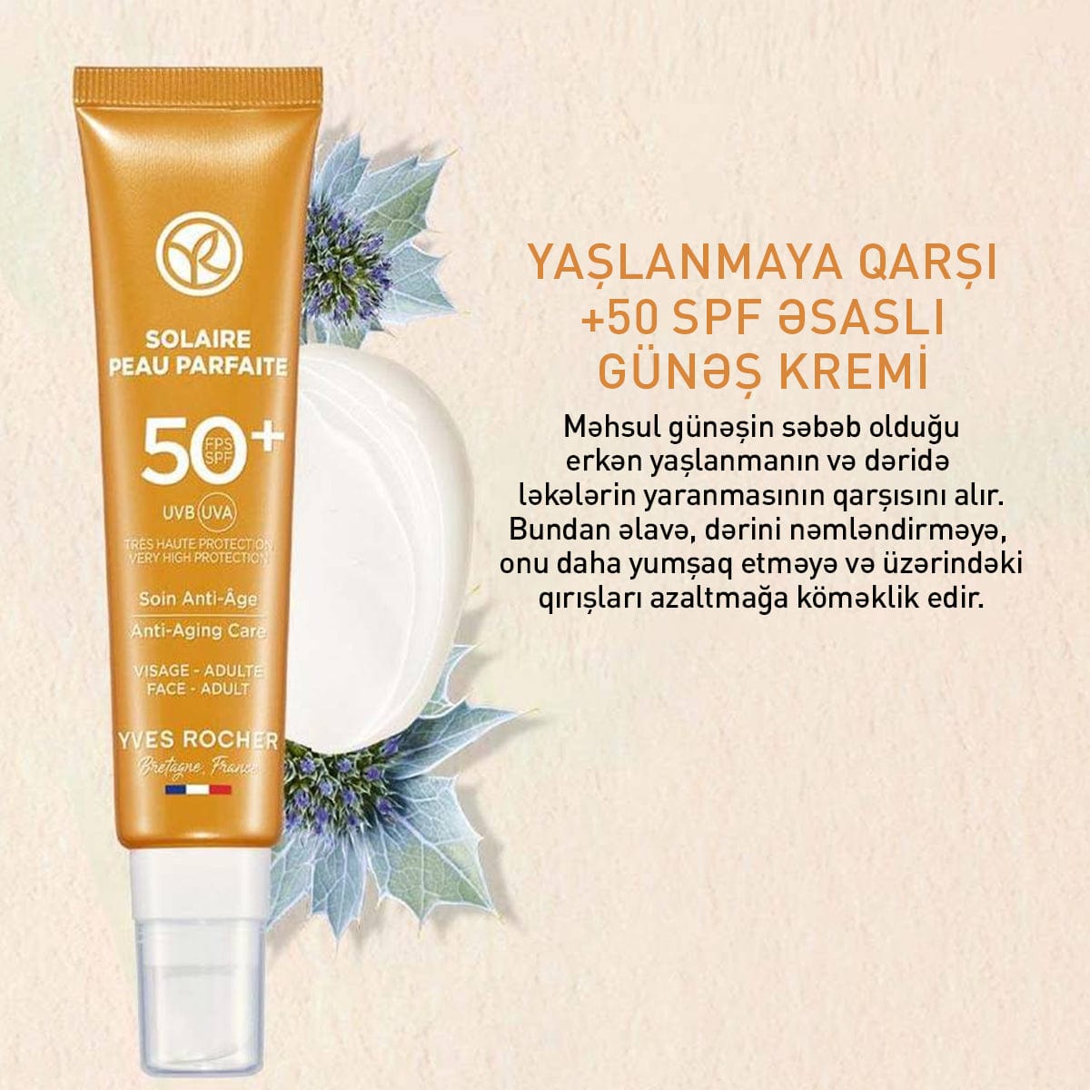 Üz üçün günəşdən qoruyucu və yaşlanmaya qarşı SPF 50+ krem, 40 ml