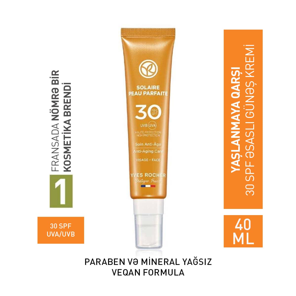 Üz üçün günəşdən qoruyucu və yaşlanmaya qarşı SPF 30 krem, 40 ml