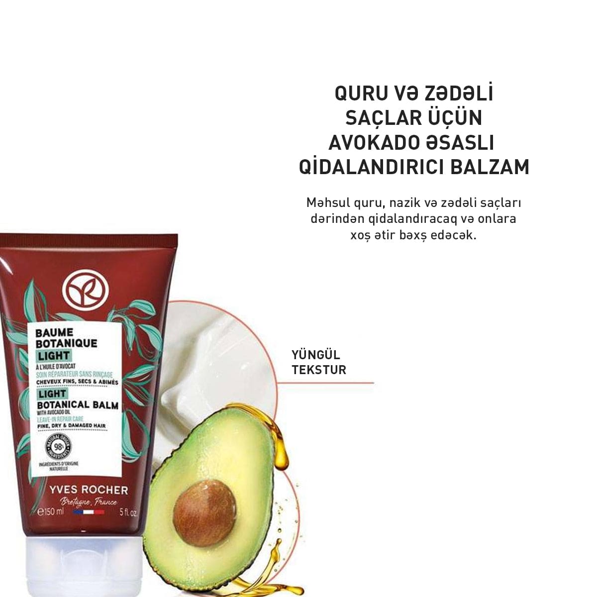 Quru və zədələnmiş saçlar üçün avokado yağı tərkibli bərpaedici balzam, 150 ml