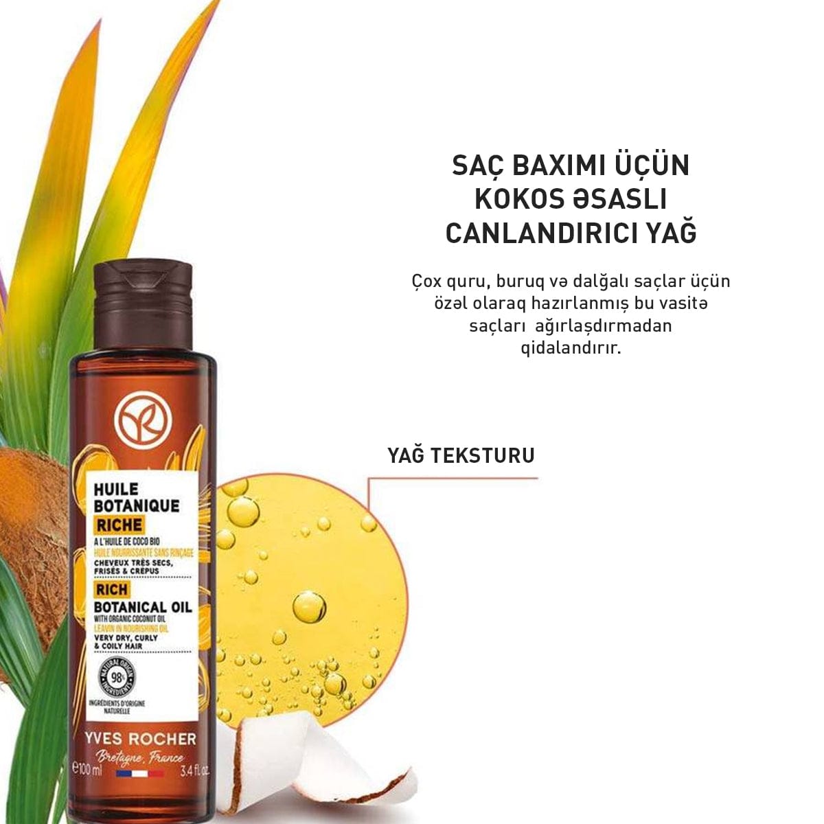 Quru və buruq saçlar üçün qidalandırıcı kokos yağı, 100 ml
