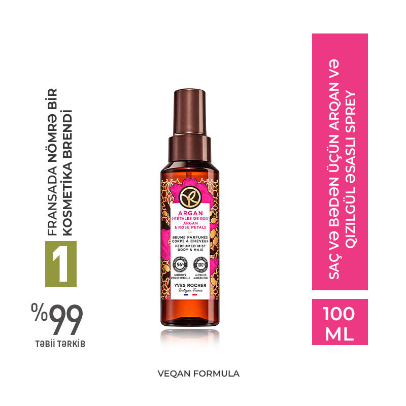 Saç və bədən üçün arqan və qızılgül əsaslı sprey, 100 ml