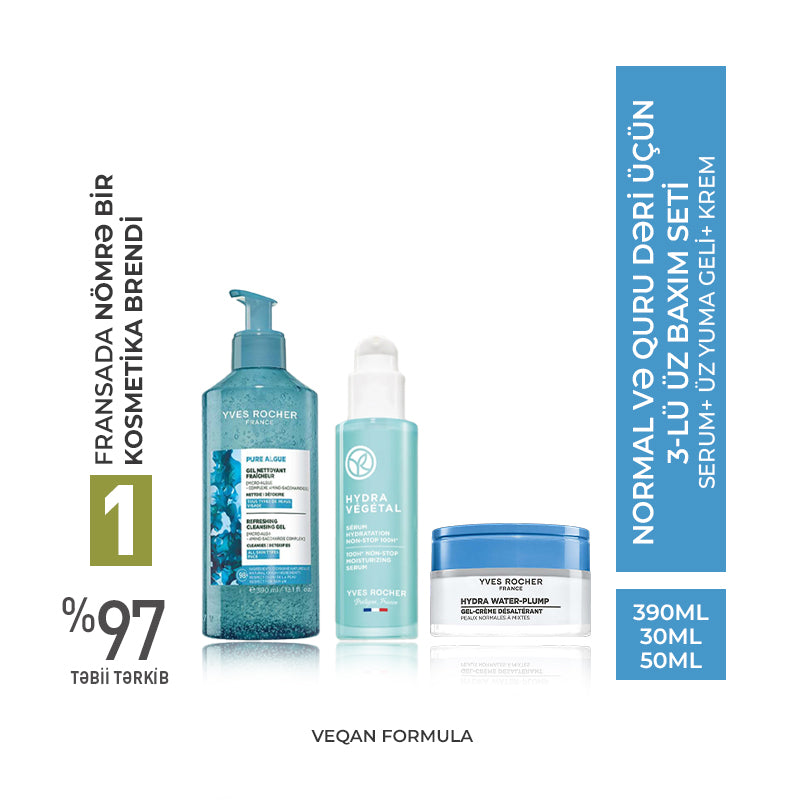 3-Step Facial Care Set for Normal & Dry Skin – Serum 30 ml & Cleansing Gel 390 ml & Cream 50 ml