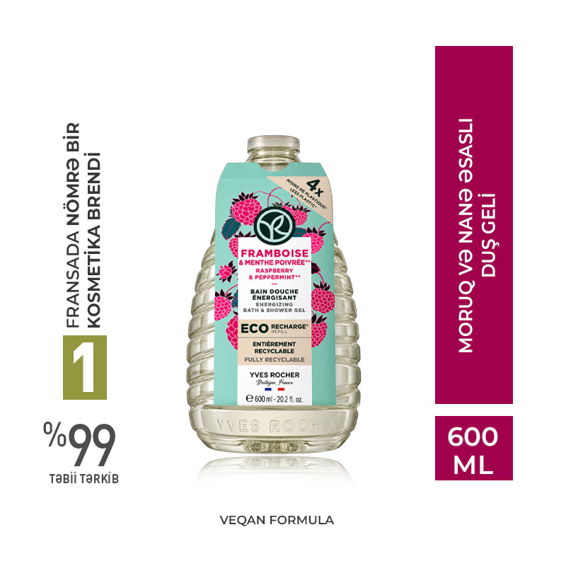 Bədən üçün eko-qablaşdırmada moruq və nanə əsaslı duş geli, 600 ml