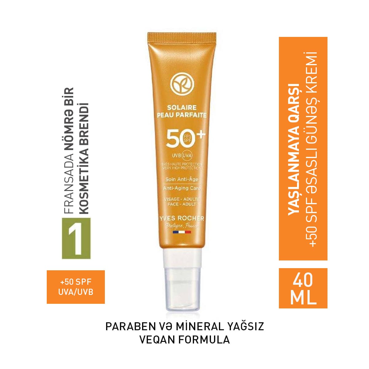 Üz üçün günəşdən qoruyucu və yaşlanmaya qarşı SPF 50+ krem, 40 ml