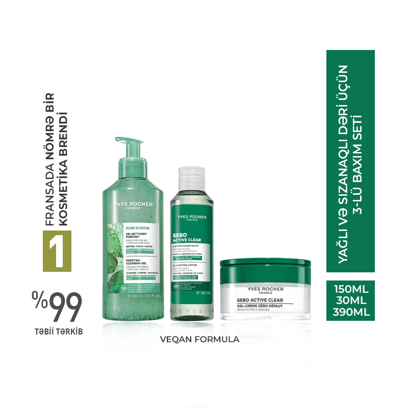 3-Step Facial Care Set for Oily & Blemish-Prone Skin – Lotion 150 ml & Gel-Cream 50 ml & Cleansing Gel 390 ml